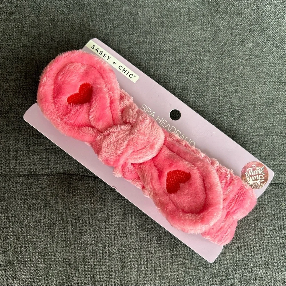 Soft, Fuzzy Spa Headband with Hearts, Elasticized, Pink, Red